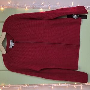 Women's Valerie Stevens 100% merino wool deep red zip up knit cardigan sweater M